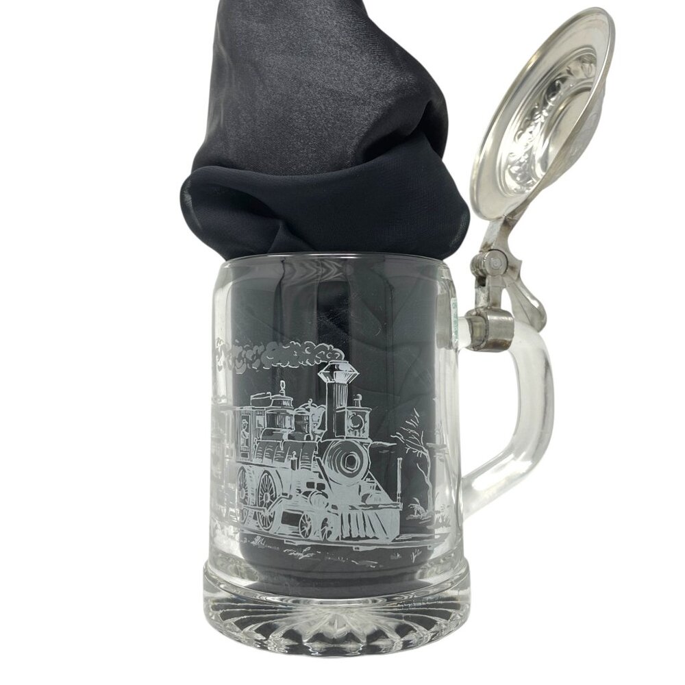 Vintage ALWE West Germany Glass Beer Stein Mug Pewter Lid Frosted Train Scene